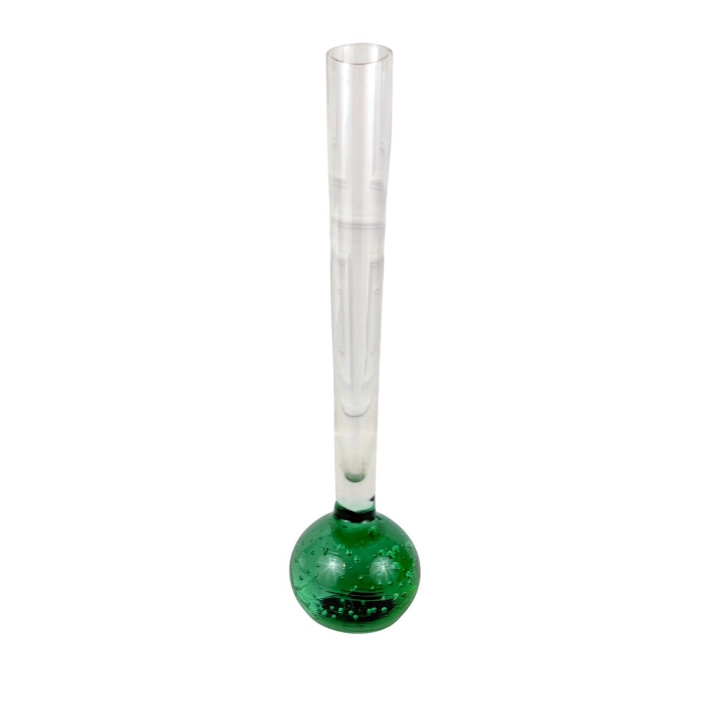 VTG Hand Blown Glass Slim Bullicante Bud Vase Green Clear 8 1/4" Tall EUC!